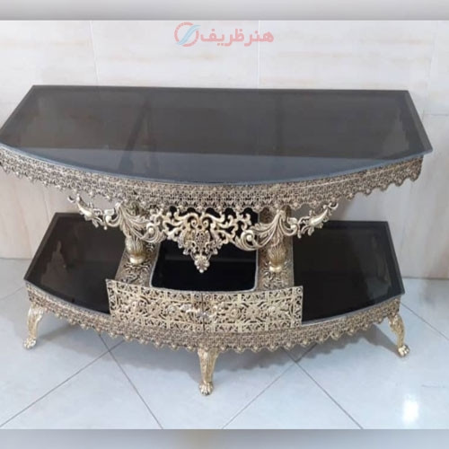 خرید آنلاین، میز تلویزیون انحنا دار به طول 120 جنس آلیاژ آلومنیوم، آبکاری شده با برنز، 5 سال ضمانت رنگ، زیر قیمت بازار | چترزندگی