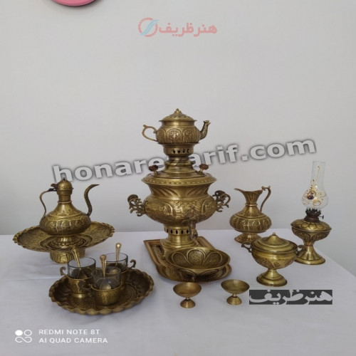 خرید آنلاین، سرویس کامل سماور 3.5 لیتری زغالی برنجی،قلم زنی بسیار زیبا، لبه دار دسته توری، زیر قیمت بازار | چترزندگی