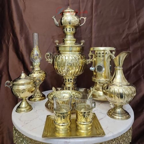 خرید آنلاین، سرویس 13 پارچه دکوری سماور 3 لیتری زغالی برنجی، قلم زنی خطی، قابل استفاده، زیر قیمت بازار | چترزندگی