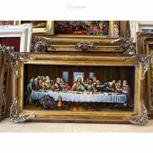 خرید،‌ تابلو فرش دستبافت، تابلو فرش دستبافت  شام آخر چله ابریشم پر از ابریشم 50رج، اصل تبریز _ هنرظریف