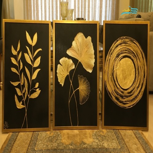 خرید آنلاین، تابلو سه تکه ژینکو کار شده با ورق طلا قابلیت اجرا  با ورق نقره به دلخواه مشتری عزیز، بدون قاب،کاملا مدرن، با قیمتی مناسب | چترزندگی