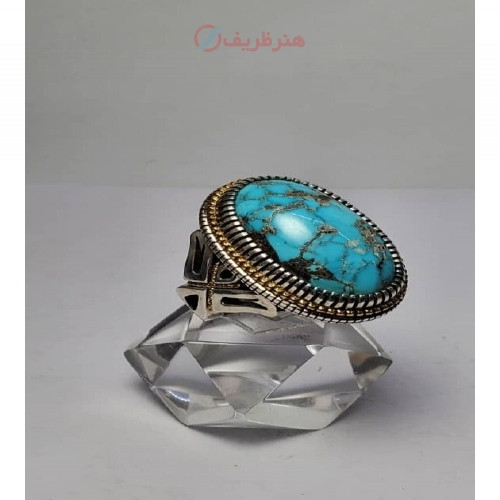 خرید آنلاین، انگشتر شیک مردانه با نگین فیروزه خوشرنگ نیشابوری سنگ چاه اصل همراه با رکاب طلا و نقره، زیر قیمت بازار | چترزندگی
