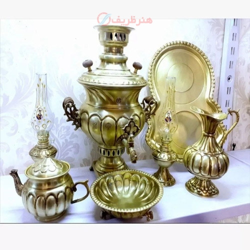 خرید آنلاین، سرویس 5 پارچه سماور 4 لیتری ذغالی برنجی ساخته شده با قلم دست و برنج اصل، کیفیت اعلاء، قیمت مناسب | چترزندگی