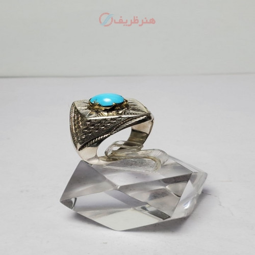 خرید آنلاین، انگشتر مردانه با نگین فیروزه نیشابوری آینه کاری سایز 65 دارای رکاب نقره دست ساز، زیر قیمت بازار | چترزندگی