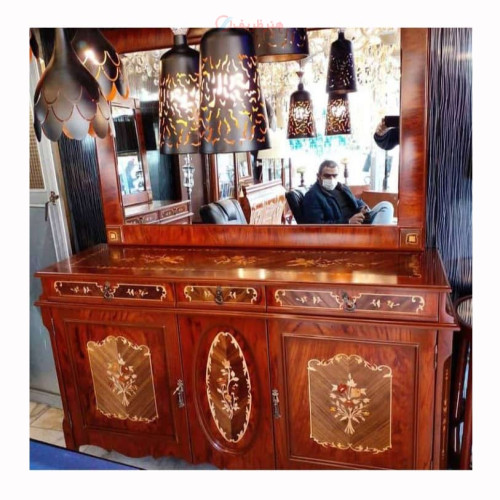 خرید آنلاین، آیینه کنسول تاج دار وسط کشو، ساخته شده با چوب روس، روکش کاواز، معرق کاری شده، زیر قیمت بازار | چترزندگی