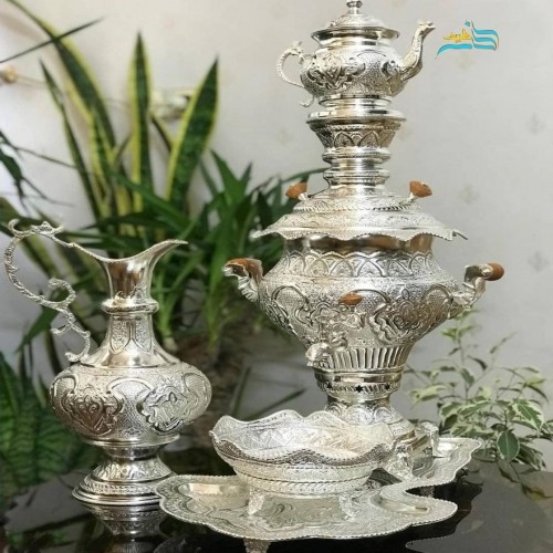 خرید آنلاین، سرویس سماور برقی و زغالی برنجی پنج لیتری آبکاری نقره، با کیفیت اعلاء، بسیار زیبا، یا قیمت مناسب | چترزندگی