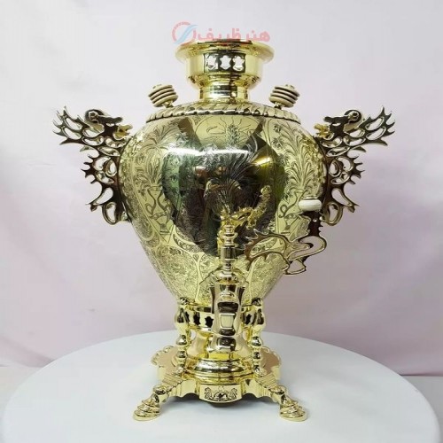 خرید آنلاین، سماور 6 لیتری زغالی برنجی مدل ماج خمره ای در طرح شکیل سنتی با قلم زنی ظریف مینیاتوری، زیر قیمت بازار | چترزندگی