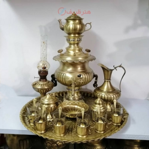 خرید آنلاین، سرویس کامل سماور برنجی زغالی، سنگین وزن، دست ساز با قلم عالی، قیمت مناسب | چترزندگی