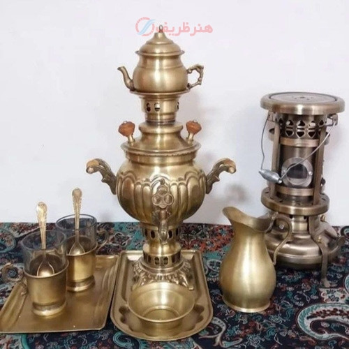 خرید آنلاین، سرویس کامل سماور 1 لیتری ذغالی برنجی، قلم زنی خطی دست، کیفیت بالا، زیر قیمت بازار | چترزندگی