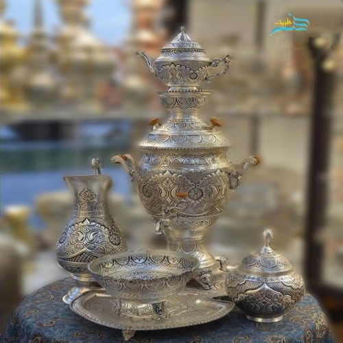 خرید آنلاین، سرویس سماور 5 لیتری مسی زغالی آبکاری نقره سیاه قلم با ضمانت 7 ساله، با کیفیت اعلاء، با قیمت مناسب | چترزندگی