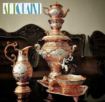 سماور ریز قلم‌ 5 لیتری برنجی، با نقش و نگاری بسیار زیبا، با روکش کوره ای و ثبات رنگ