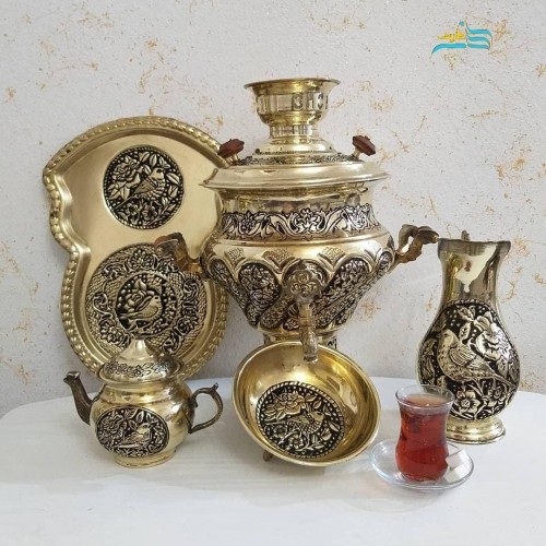 سرویس سماور برنجی زغالی ٦ لیتری طرح گل و مرغ، لبه ریخته دسته شاخ، بسیار خاص با نقش و نگاری زیبا | چترزندگی