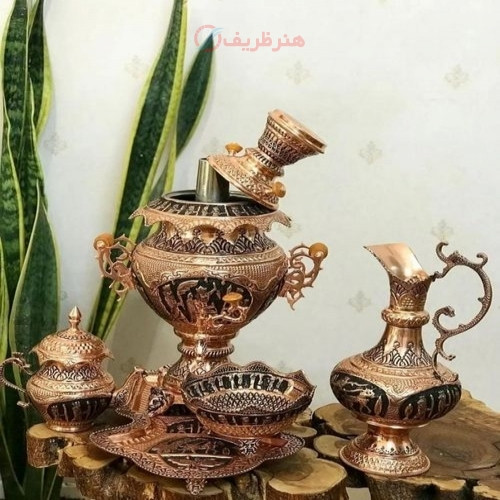 سرویس سماور8 لیتری مسی با قلم زنی جمشیدی، سیاه قلم اعلاء دارای روکش کوره ای