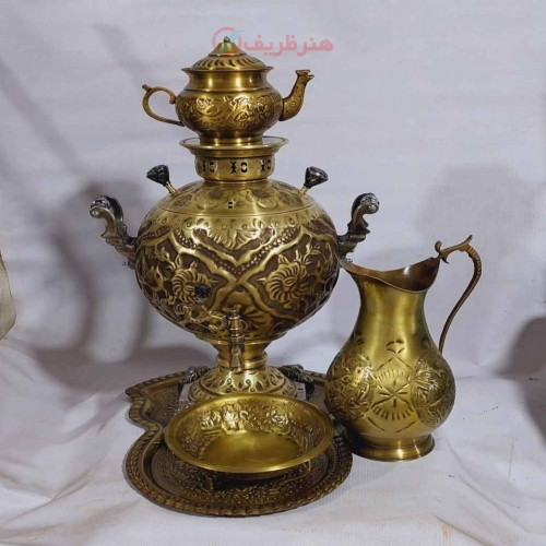 سماور برنجی 6 لیتری زغالی، جهان نما قلم زنی گل و مرغ ،آنتیک ست کامل، بسیار زیبا و با ورق ضخیم - هنرظریف