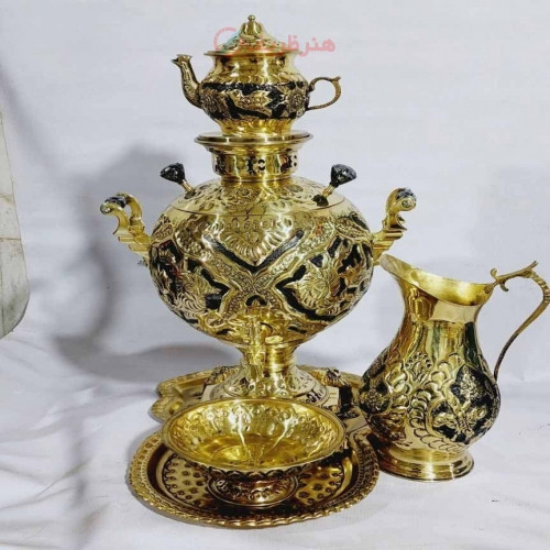 سرویس سماور 6 لیتری، جهان نما زغالی، قلم زنی گل و مرغ طلایی رنگ ثابت، با ورق ضخیم و با کیفیت - هنرظریف