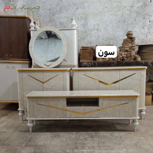 ست چوبی آینه کنسول، میز تلویزیون و جا کفشی با نوار طلایی