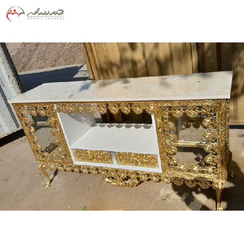 میز تلویزیون آبکاری دارای دو کشو و دو کابین طرح ساده