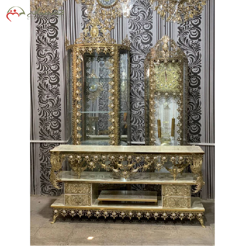سرویس جهزیه برنزی شامل میز تلویزیون، ساعت ایستاده و بوفه