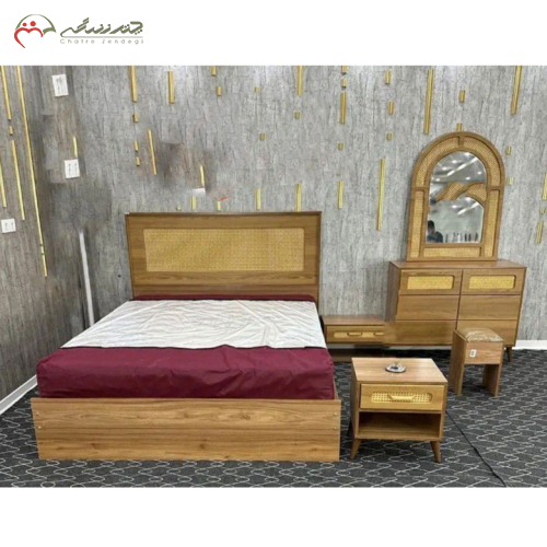 تخت خواب دو نفره مدل حصیر شامل میز آرایش، صندلی و پاتختی _ چترزندگی