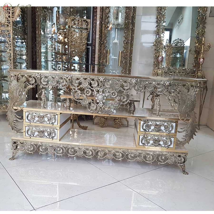 میز تلویزیون از جنس ام دی اف و برنز طرح طاووس و گل برجسته - چترزندگی