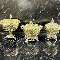 خرید، قیمت و مشخصات آجیل خوری پایه دار برنزی کلاسیک و شیک سه تیکه بزرگ و کوچک زیر قیمت | چترزندگی