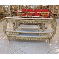 خرید، قیمت و مشخصات میز ال سی دی درجه 1 و مدرن از جنس برنزی و ام دی اف هایگلس طرح طاووس و پروانه کوچک زیر قیمت | چترزندگی