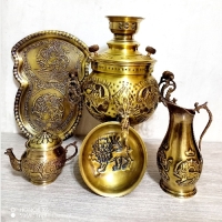 خرید، قیمت و مشخصات ست 5 پارچه سماور ذغالی تبریز مدل توپی با دسته های طرح ماری و مهر برجسته - چترزندگی