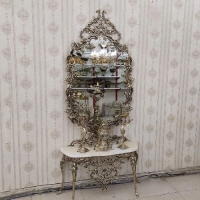 خرید، قیمت و مشخصات آینه کنسول برنزی مدل ترنم همراه ساعت و شمعدان و رویه سنگ مرمر با ضمانت رنگ بدنه - چترزندگی