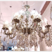 خرید، قیمت و مشخصات لوستر سایز بزرگ 16 شعله طرح دو گل بدنه ی تمام برنزی رنگ ثابت و سر شاخه های کریستالی - چترزندگی