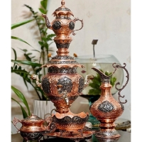 خرید، قیمت و مشخصات سرویس سماور 4 لیتری با بدنه ی برنجی و قلم زنی شده و روکش آبکاری شده ی مس و نقره، کیفیت بی نظیر تولید - چترزندگی