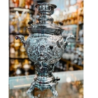 خرید، قیمت و مشخصات سماور 6 لیتری تمام مس گازی طرح ممتاز با دسته های مدل گل و مرغ و بدنه ی قلم کاری شده از جنس کروم با گارانتی - چترزندگی