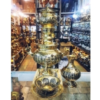 خرید، قیمت و مشخصات سرویس کامل سماور ذغالی با بدنه ی برنجی به رنگ طلایی و عدسی، سیاه قلم کاری شده با ضمانت یک ساله - چترزندگی