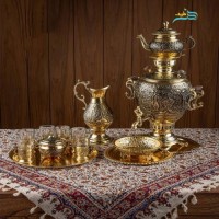 خرید ، قیمت و مشخصات سرویس سماور زغالی برنجی قلمزنی زغالی لعابکاری طلایی دست ساز | چترزندگی