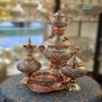 خرید آنلاین، سرویس سماور برنجی آبکاری مس و نقره سیاه قلم، قلمزنی استادانه و اعلاء، نقش و نگاری ظریف، با قیمت مناسب | چترزندگی