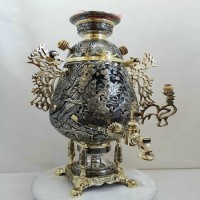 خرید آنلاین، سماور 8 لیتری برنجی زغالی با قلم زنی سیاه باظرافت مدل جام، نقش شکارگاه، اسلیمی و گل مرغ، زیر قیمت بازار | چترزندگی