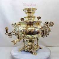 خرید آنلاین، سماور درخشان 6 لیتری برنجی زغالی مدل عدسی طرحی بی نظیر و متفاوت با دسته ی ملکه، کنده کاری سنتی، زیر قیمت بازار | چترزندگی