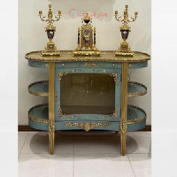 خرید، قیمت و مشخصات ویترین سه طبقه معرق کاری شده و رنگ طلایی و آبی آسمانی و بدنه چوب روس، دارای ضمانت، زیر قیمت بازار | چترزندگی