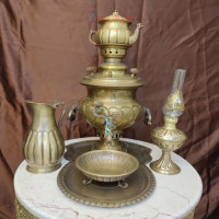 خرید آنلاین، ست 6 پارچه سماور 4 لیتری ذغالی برنجی، ورق ضخیم و با کیفیت، قلم زنی خطی، زیر قیمت بازار | چترزندگی