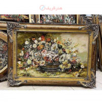 خرید تابلو فرش دستبافت، تابلو فرش دستبافت، گل گلدان چله ابریشم پر از ابریشم 50 رج، زیر قیمت بازار _ هنرظریف