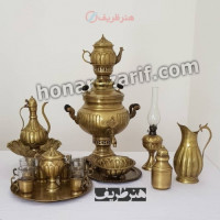 خرید آنلاین، ست کامل سماور 6 لیتری زغالی برنجی با قلم خطی شکیل مدل عدسی آینه ریز، دسته توری، قیمت مناسب | چترزندگی