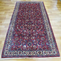 خرید آنلاین، فرش کناره دستباف مشهد کد 38814 با نقشه زیبا در طرح افشان، رنگ زمینه لاكي و حاشیه كرم، زیر قیمت بازار | چترزندگی