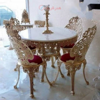 خرید آنلاین، ناهارخوری 4 نفره طرح صدفی، صفحه سنگی، آلیاژ آلومنیوم با آبکاری برنز، کیفیت عالی، قیمت مناسب | چترزندگی