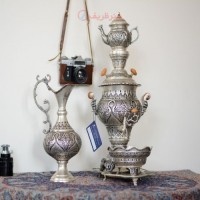 خرید آنلاین، سماور برنجی 3 لیتری تزئینی با روکش نقره قلمزنی درجه یک اسلیمی، شکیل و زیبا، با قیمتی مناسب | چترزندگی
