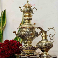 خرید آنلاین، سرویس سماور زغالی و برقی برنجی 6 لیتری با قلم زنی طرح گل و مرغ، سیاه قلم اعلاء، زیر قیمت بازار | چترزندگی