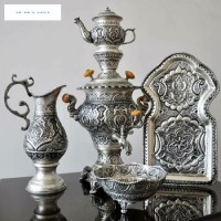 خرید آنلاین، سرویس سماور 3 لیتری و چایخوری قلمزنی پتینه نقره،  بسیار لوکس با قلمزنی ریزو ظریف، با قیمتی بسیار مناسب | چترزندگی