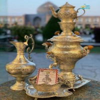 مشخصات کامل سرویس سماور برنجی سیاه قلم، ریز قلم با آبکاری کوره ای نقره رنگ ثابت | چترزندگی
