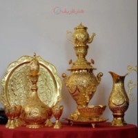 خرید آنلاین، سرویس سماور و شرابخوری 5لیتری برنجی با طرح اسلیمی آبکاری شبه طلا، چشم گیر و با کیفیت اعلاء، زیر قیمت بازار | چترزندگی