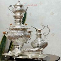 خرید آنلاین، سرویس سماور 5 لیتری زغالی برنجی با روکش نقره و قلم زنی اعلاء، دست ساز با کیفیت عالی، زیر قیمت بازار | چترزندگی