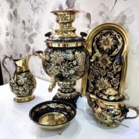 خرید آنلاین، سرویس سماور 4 لیتری زغالی برنجی الماس تراش، پر نقش و نگار، ورق ضخیم، سیاه قلمی اعلاء، با قیمت عالی | چترزندگی