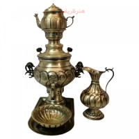 خرید، قیمت و مشخصات سرویس سماور ذغالی 5 پارچه برنجی مدل گل، ظرفیت 3 لیتر زیر قیمت بازار _ هنرظریف